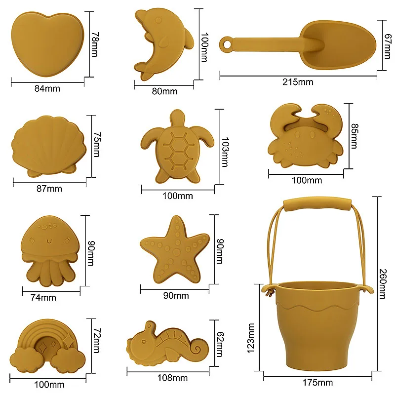 Custom BPA ECO Portable Sand Beach Toys Bucket Pail Spade Beach Toys For Kids Silicone Beach Toy Set