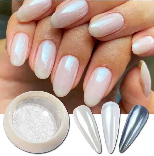 BOKO  Nail paint metallic aurora moonlight transparent white pearl chrome nail powder nail art decoration