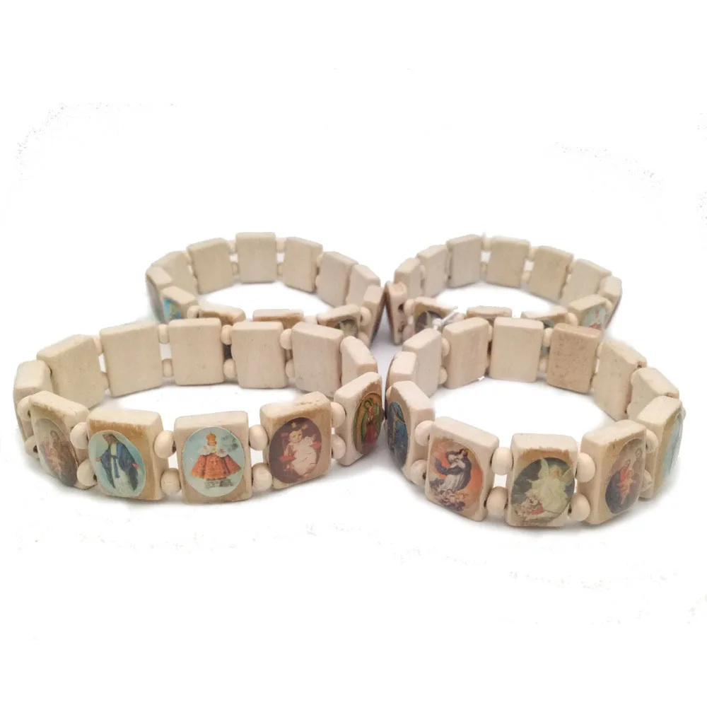 Religious Catholic Jewelry Christian Supplies Wooden Icon Elastic Rosary Bracelet