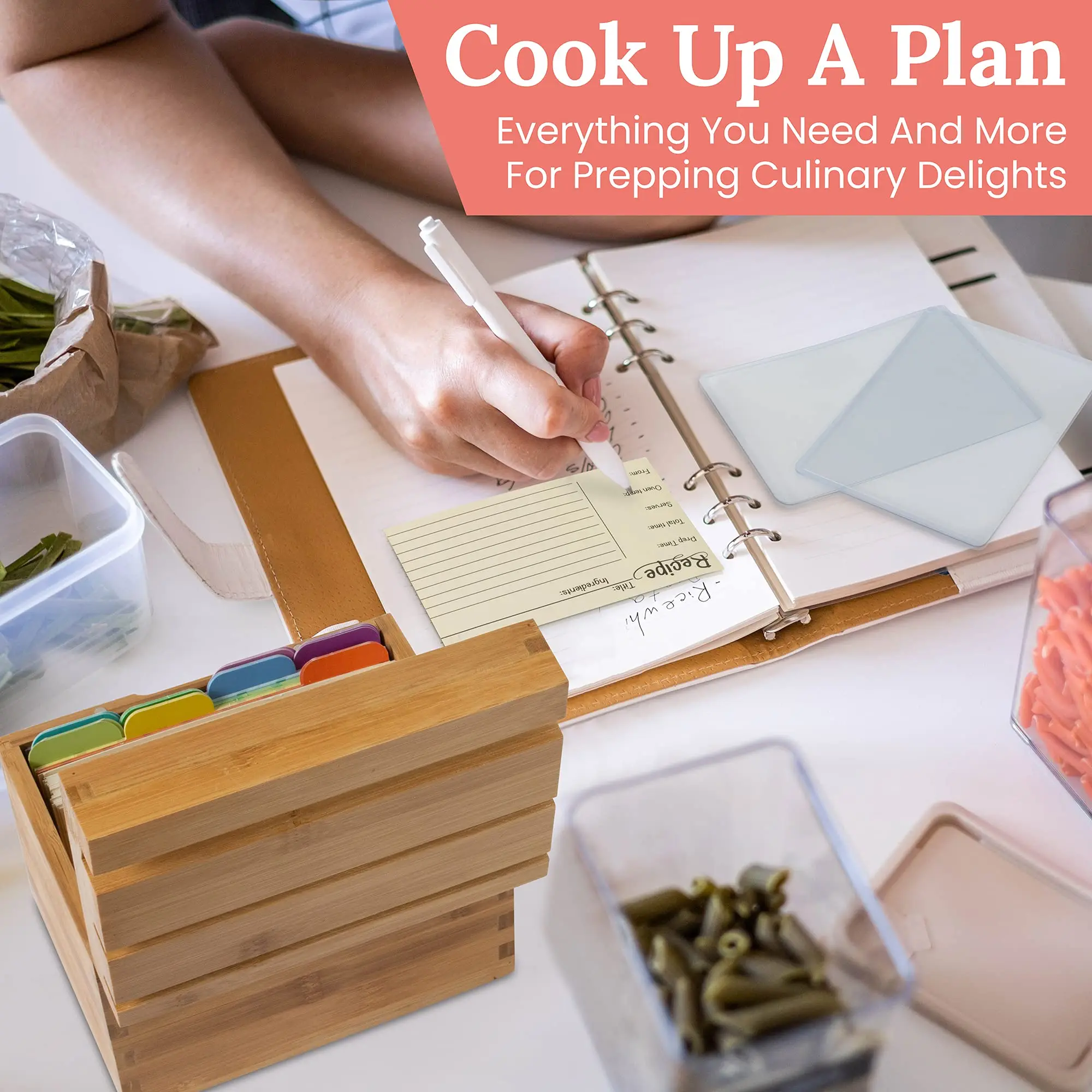 4x6 Bamboo Wood Recipe Box With 16 Dividers 70 Recipe Cards and 2 Protective Sleeves