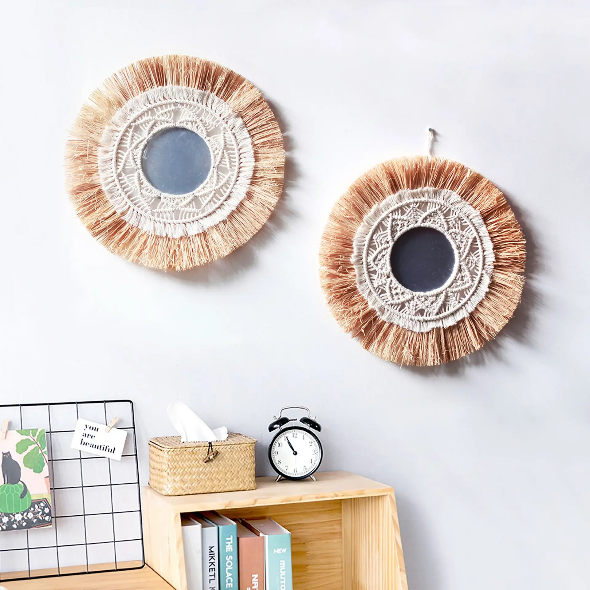 Amazon Hot Sell Hanging tapestry woven Macrame Mirror wall decorative barber shop framed mirrors