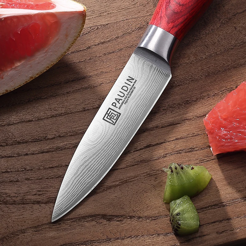Paudin 3.5 Inch Ultra Sharp 5Cr15Mov Steel Wave Pattern Fruit Knife Small Kitchen Chef Paring Knife With Red Pakkawood Handle
