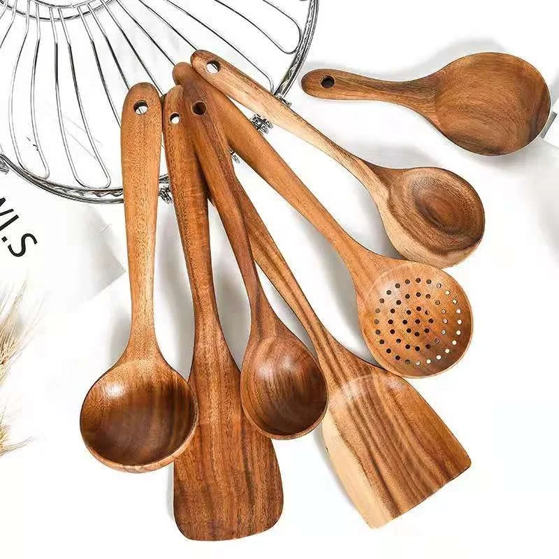 Nonstick Kitchen 8Pcs Wooden Cooking Utensils Set Teak Wooden Spoons For Cooking