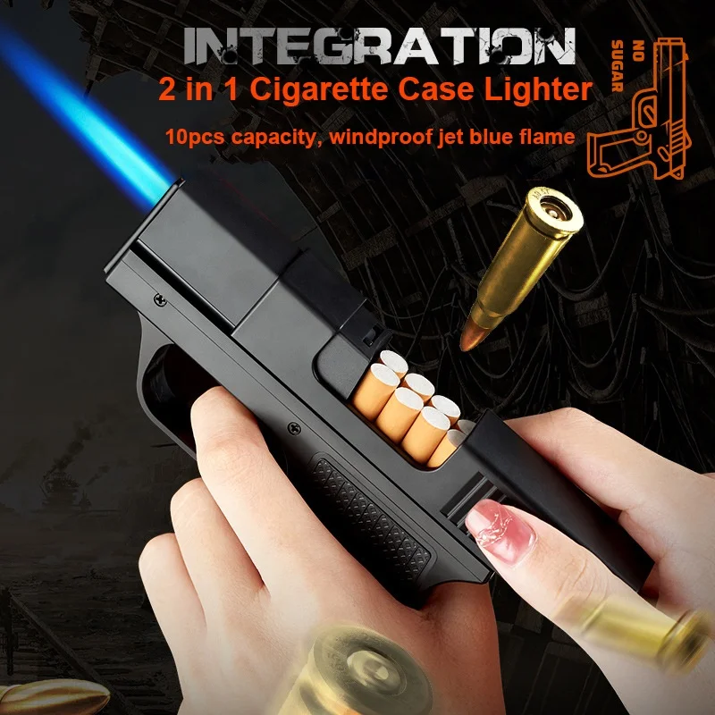 Wholesale Cool Gun Lighter Pistol Cigarette Case With Torch Lighter 2 in 1 Jet Blue Flame Cigarette Case For Cigarettes