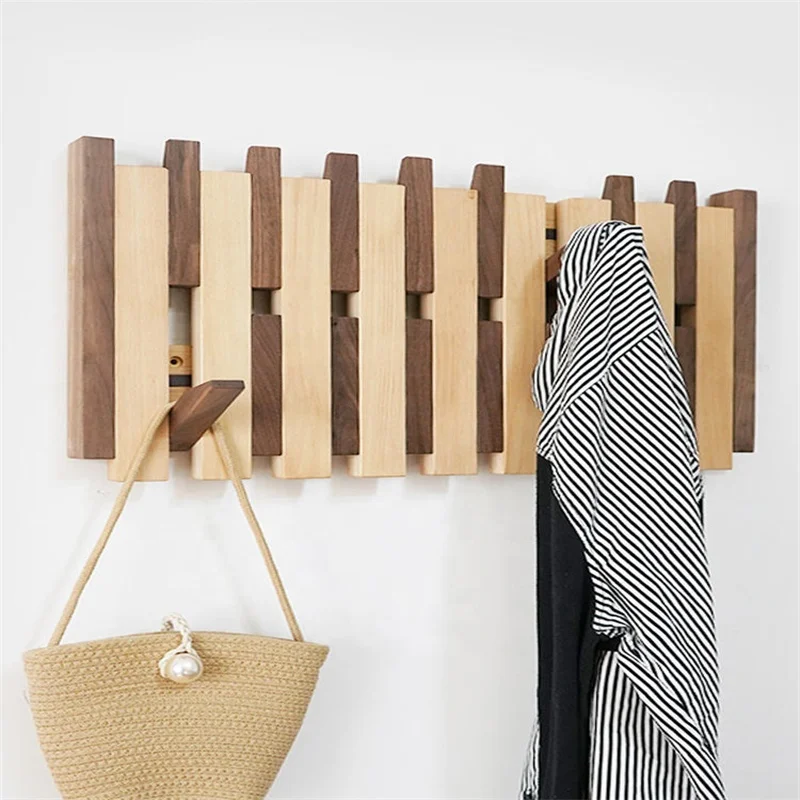Walnut Wood Wall Mounted Piano Coat Rack Flip Down Wooden Wall Hook Rack