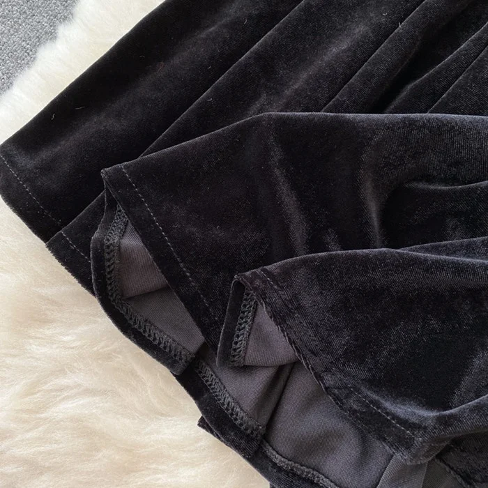 Korean Chic Long Sleeve Lace Patchwork Velvet Dress Women Evening Dresses Clothing