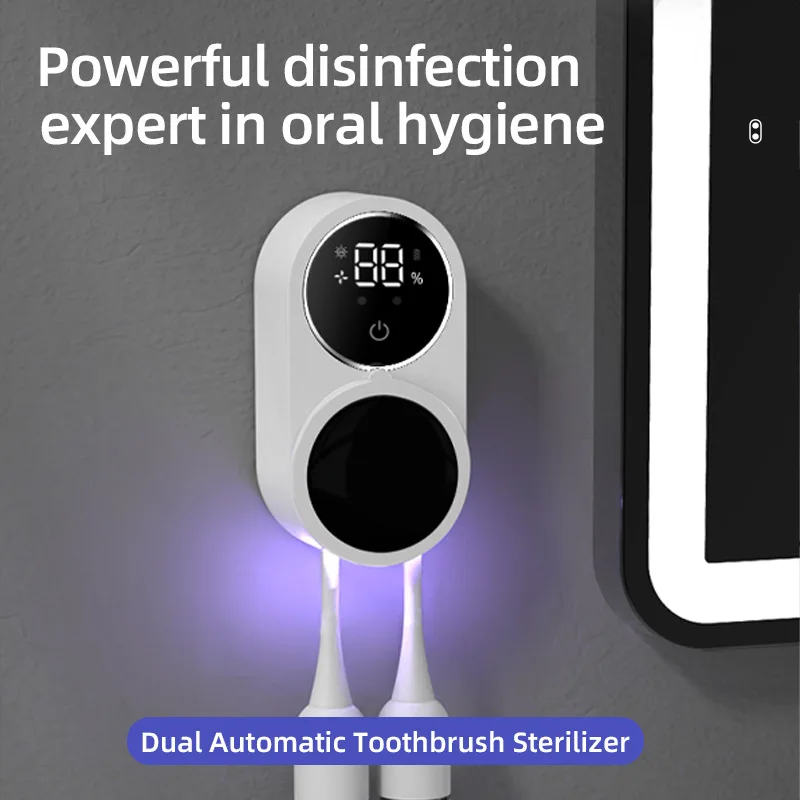 Wall-Mounted No-Drill Electric Toothbrush Sterilizer Customizable Double Toothbrush UV UVC Disinfection Box Air-Drying Feature