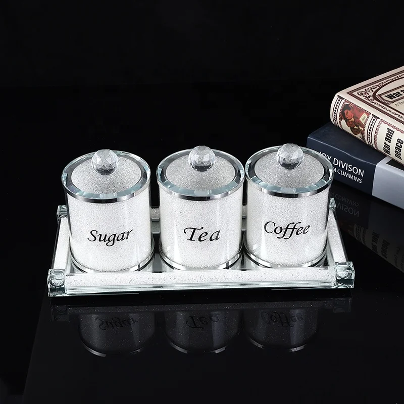 Tea Coffee Sugar Glass Canister Set Storage Jar With Clear Crushed Diamond Crystals Inside Beads