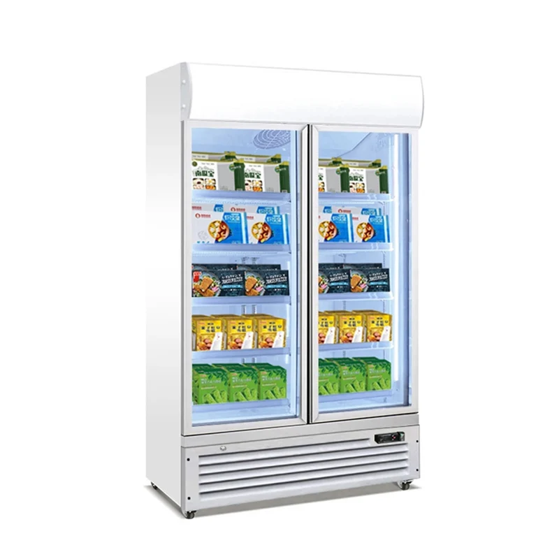 Double Door Transparent Glass Display Fridge Refrigerator Beer Cooler Freezer Upright Showcase