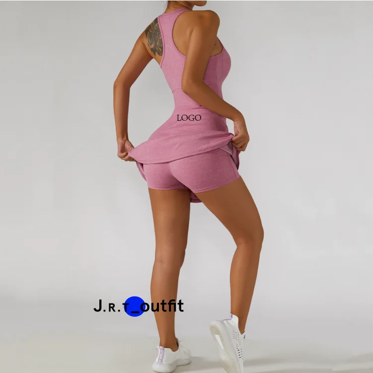 JRT Women Gym Front Zipper Tennis Golf Skirts Seamless Sports Dress With Chest Pad