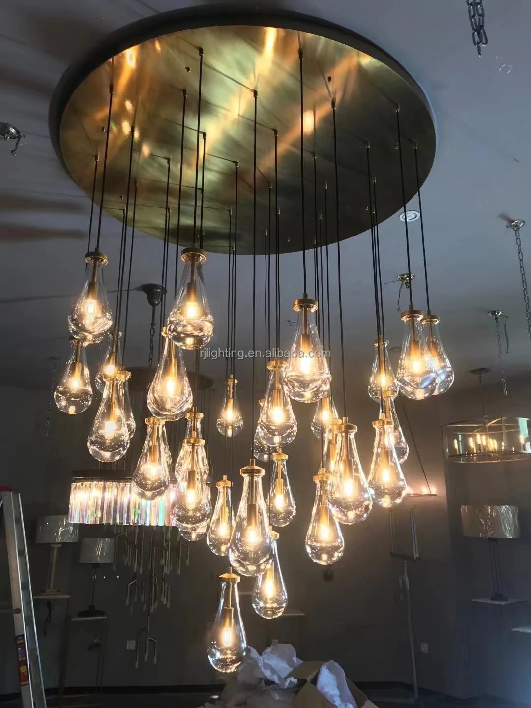 modern entrance foyer handblown K9 glass restoration brass bronze pendant lamp high ceiling luxury rain chandelier