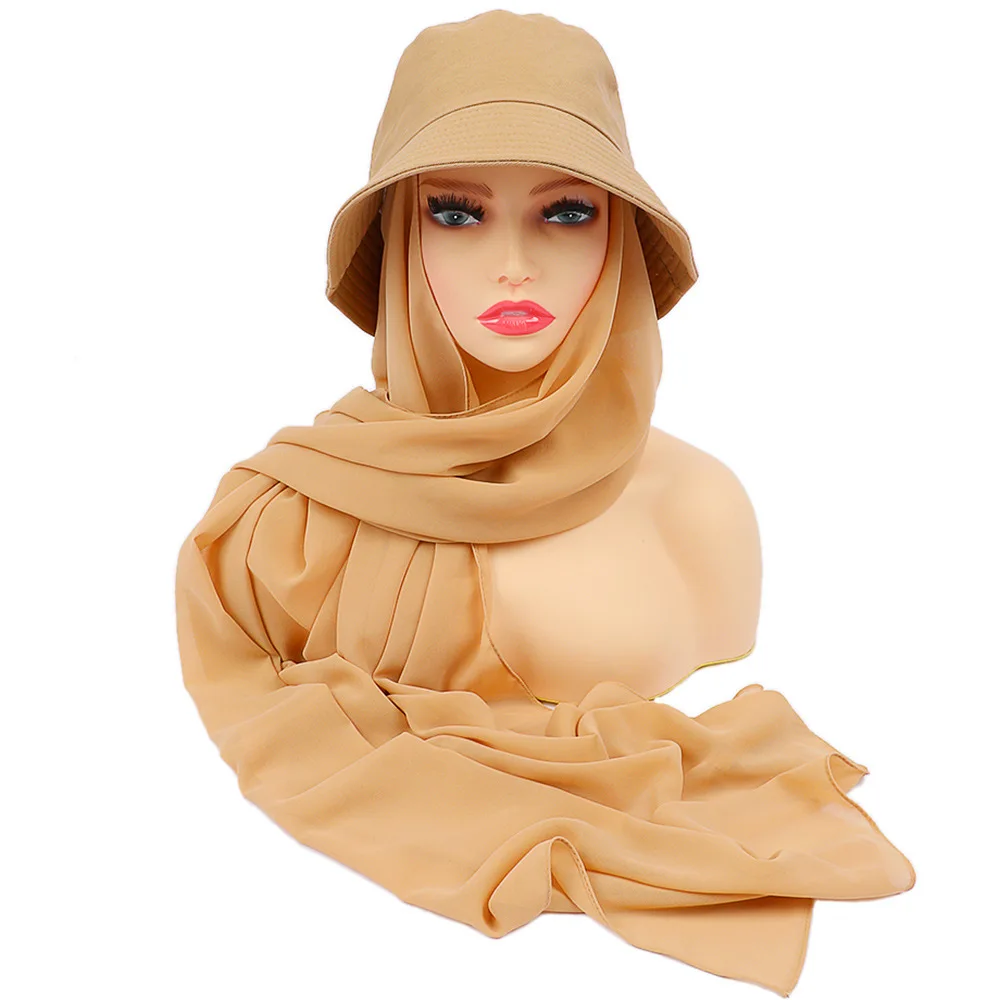 2023 High Quality Tudung Muslim Shawls Hijab With Fisherman Hat Suit Scarf Chiffon Instant Hijab