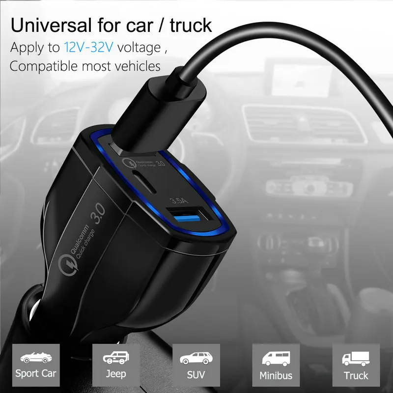Qualcomm QC3.0 Quick Car Charger Type-c PD 3 Port Car USB Charger 3USB PD Type-C Fast Charging Adapter For Mobile Phone