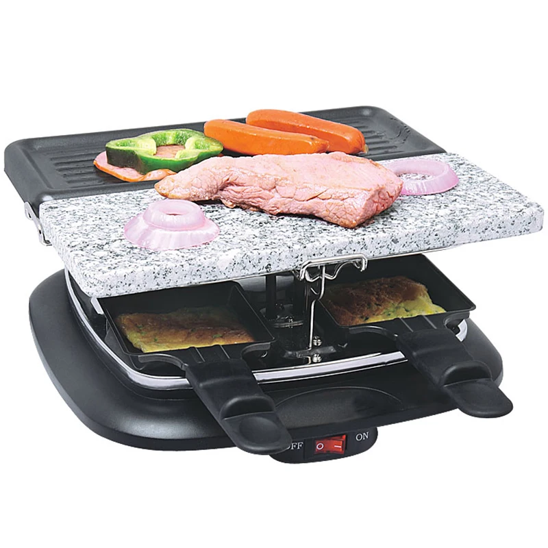 XJ-92261 Mini Grill 4 People Non-stick Coating Raclette Grill Electric Serves 4 People with 4 Small Pans 700 PTFE Indoor 3 in 1