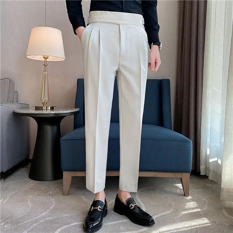 High Quality Personality Belt Non-iron Slim Straight Trousers Korean Business Casual Suit Pants Work Office Party Dress Pants