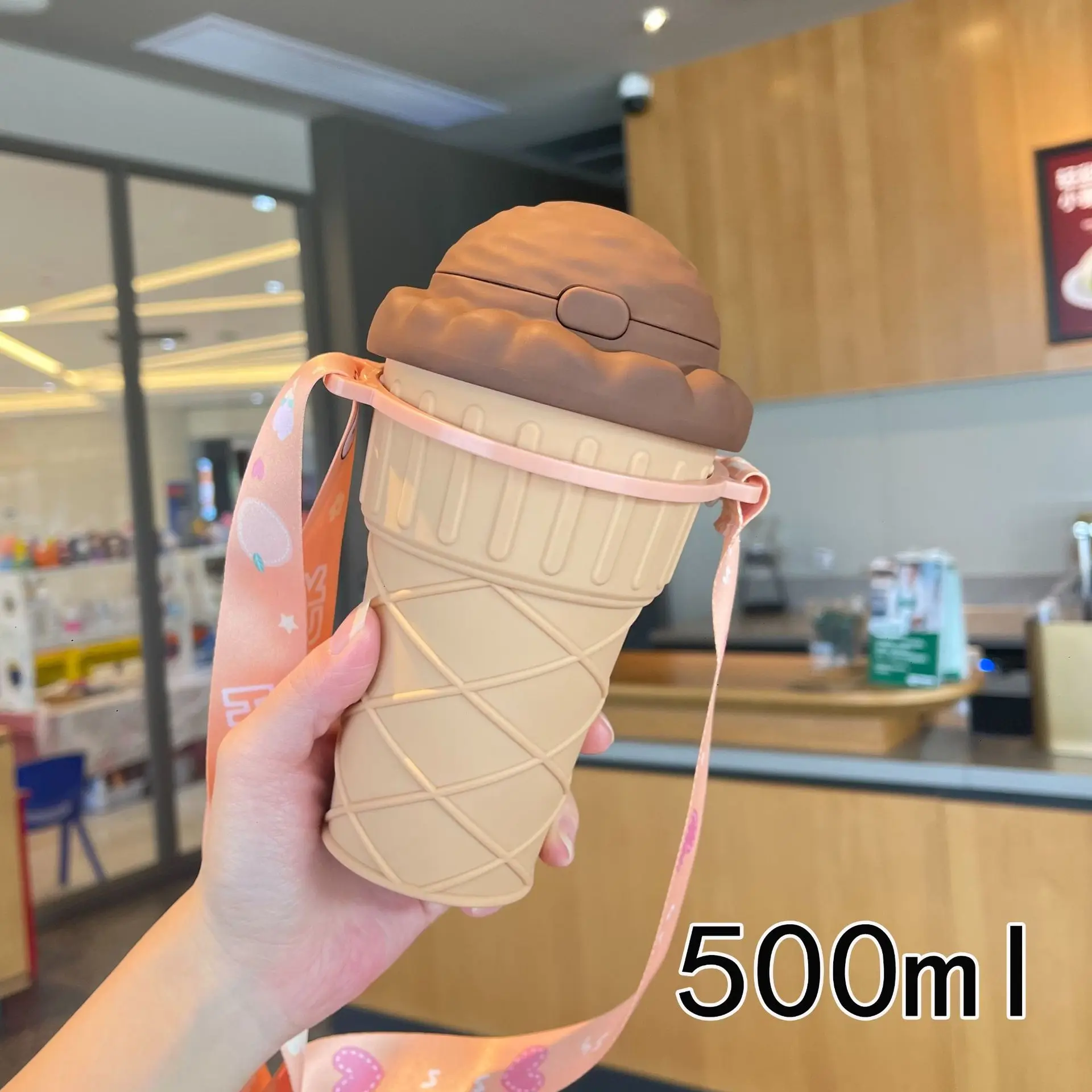 High appearance level creative ice cream shape cup portable student kids strap 500ml bpa-free plastic water bottle with straw
