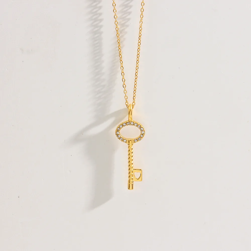Ins Korean Gold Plated Stainless Steel Key Pendant Necklace Titanium Steel CZ Cubic Zirconia Key Necklace For Party