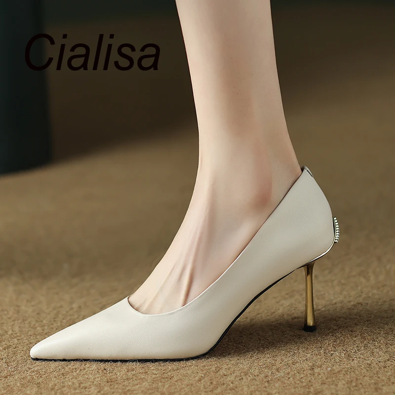Cialisa Wholesale 8cm Woman Pointed Toe Sheepskin Pumps Shoes Ladies Metallic Heels 2023 Heeled Pumps Shoes For Women New Styles