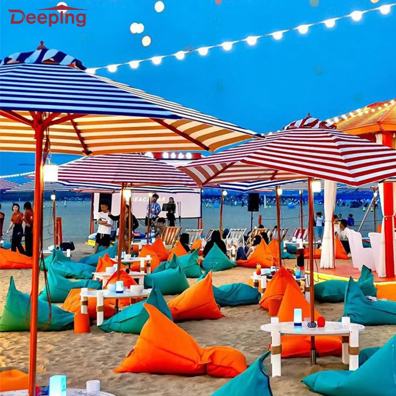 Glamping customizable beach umbrella manufacturer stripe parasols outdoor wooden beach umbrellas