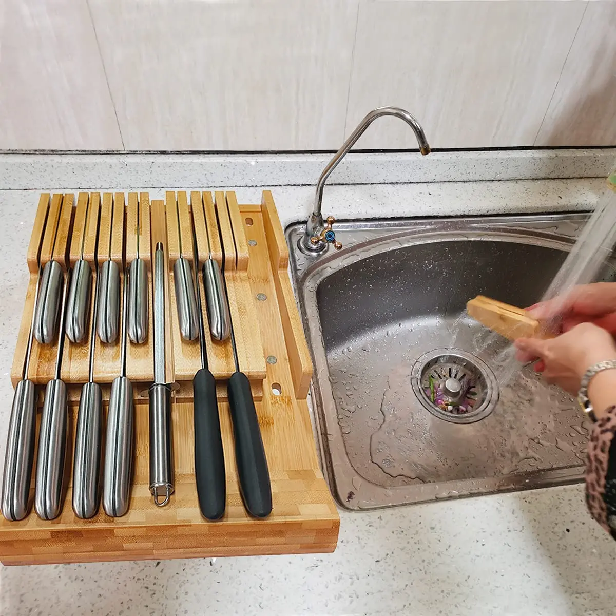 Бамбуковый блок для хранения ножей, 16 ячеек в ящике, бамбуковый набор для ножей, Органайзер