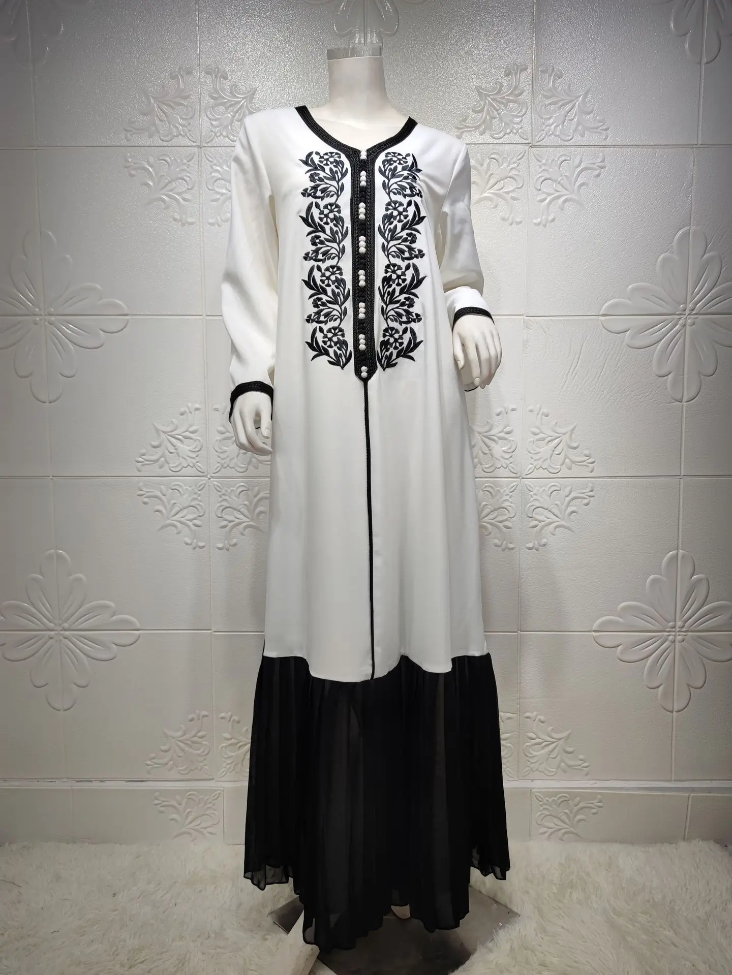 Middle East Dubai Clothes Summer Elegant Embroidered Long Sleeve Islamic Women Dress Chiffon Mesh Patchwork Muslim Hijab Dress