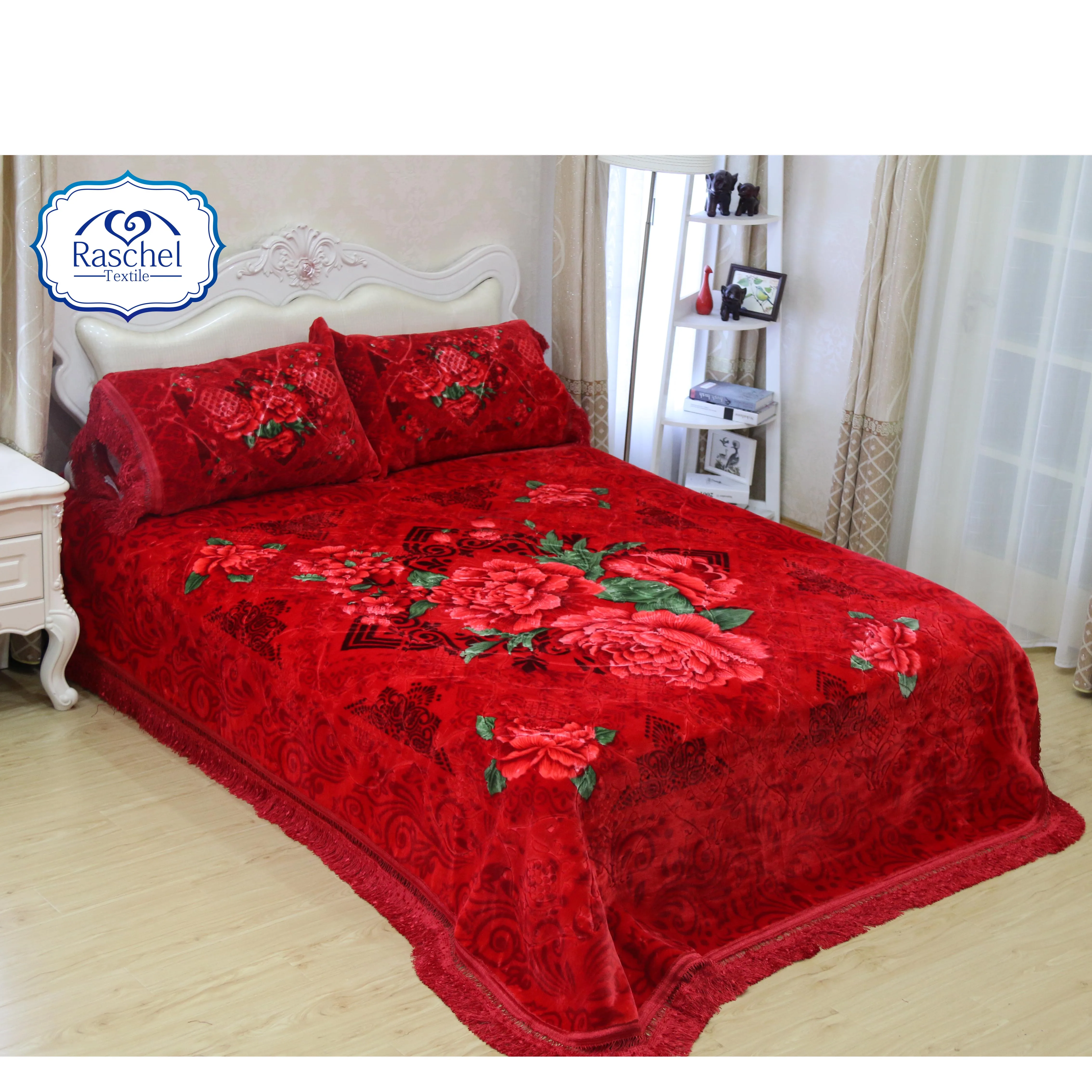 Dubai Korean Style 3D Printed Raschel Blankets For Winter Double Layer 3pcs Bedding Set