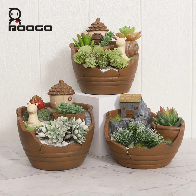 Nature Scenery House Style Succulent Planter Resin Bonsai Wholesale Price Desktop Garden Decoration Pot With Animal