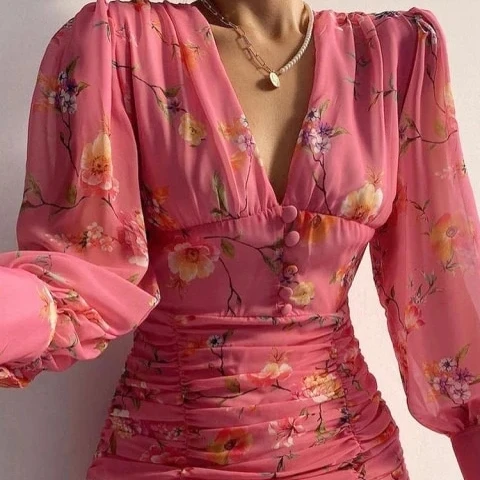 2024 latest women dress design fashion elegant summer dress for women slim ruched fashion ladies long sleeve floral dresses