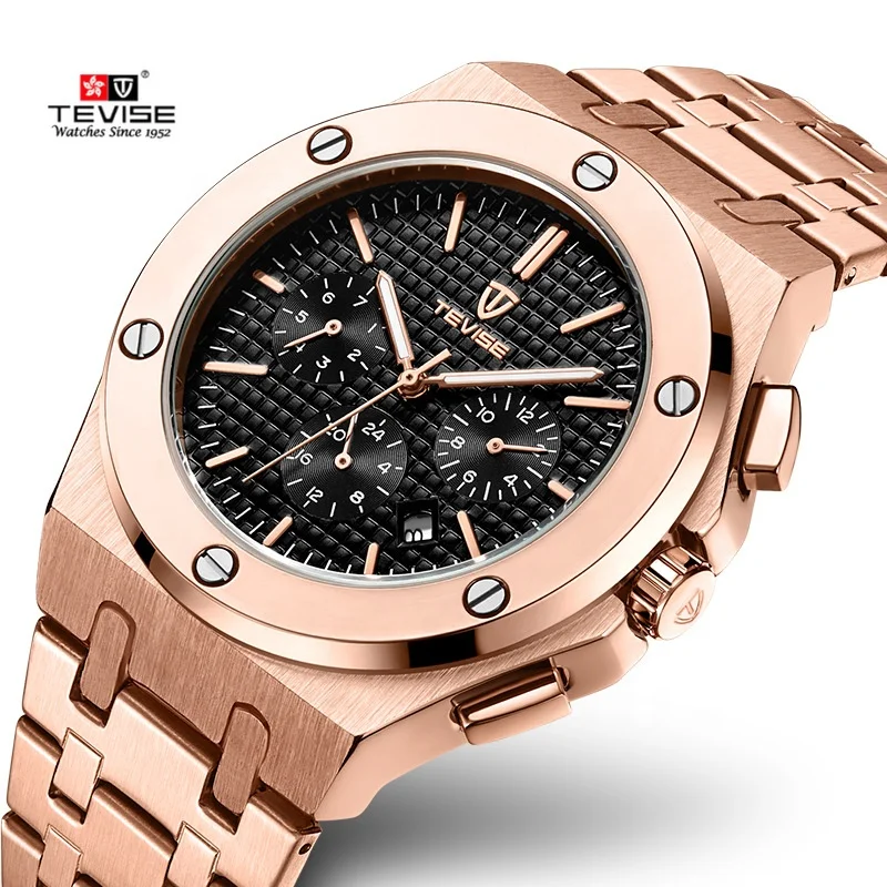 guangzhou watch manufacturer tevise 830 relogio auto luxury brand wristwatches custom logo rose gold men