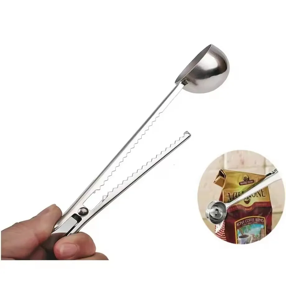 2 In 1 Stainless Steel Coffee Bean Scoop With Bag Clip 15ML Coffee Spoon With Bag Clip