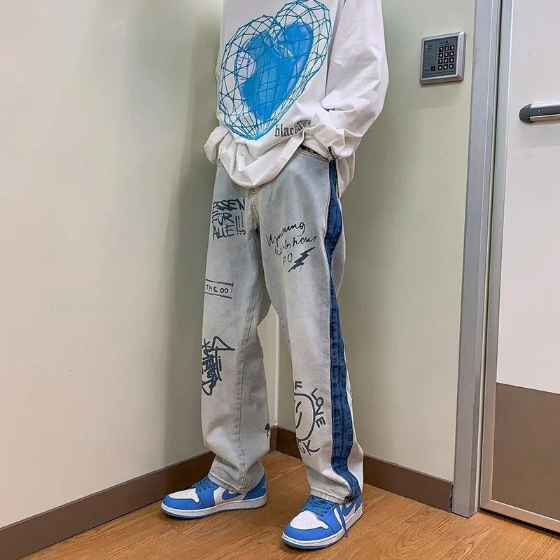 Оптовая продажа, Корейская уличная одежда, аниме принт, мешковатые джинсы для женщин, Харадзюку, хиппи, большие белые широкие брюки, высокие Лоо