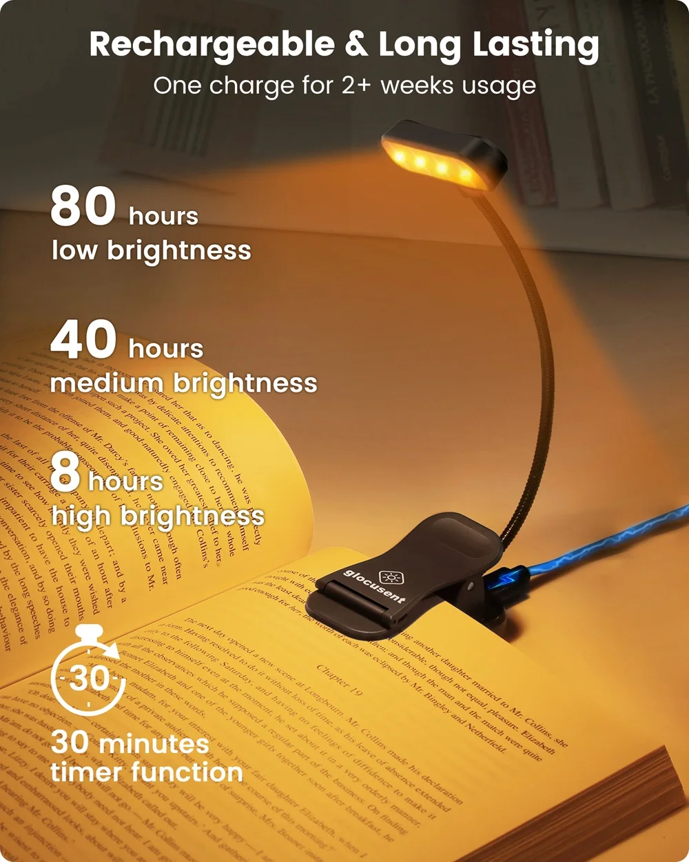 Glocusent Usb Перезаряжаемый гибкий светодиодный зажим для чтения книг свет в постели