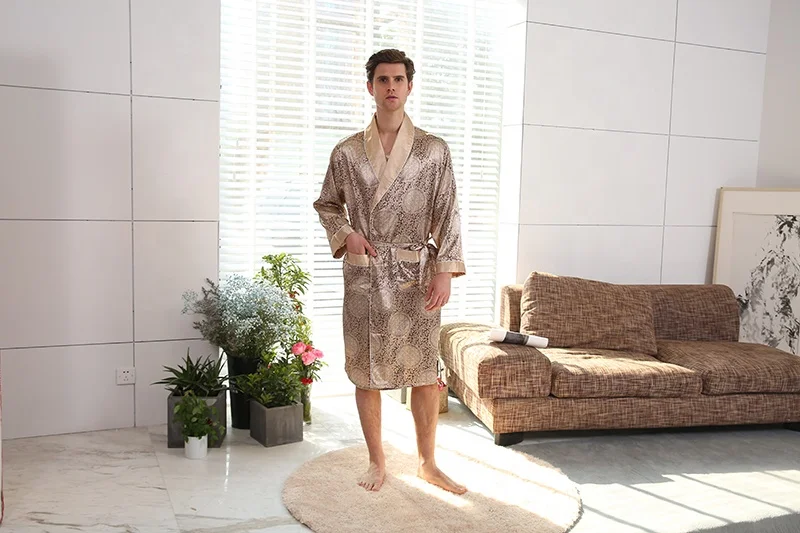 
Two piece silk robe set Luxurious satin bathrobe long sleeve pattern design pajamas for men 