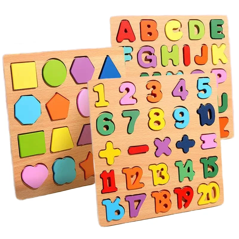 Accept customization Wholesale Wooden board alphabet number kids Montessori 3D learning puzzle Shaped Cognitive Board Toys