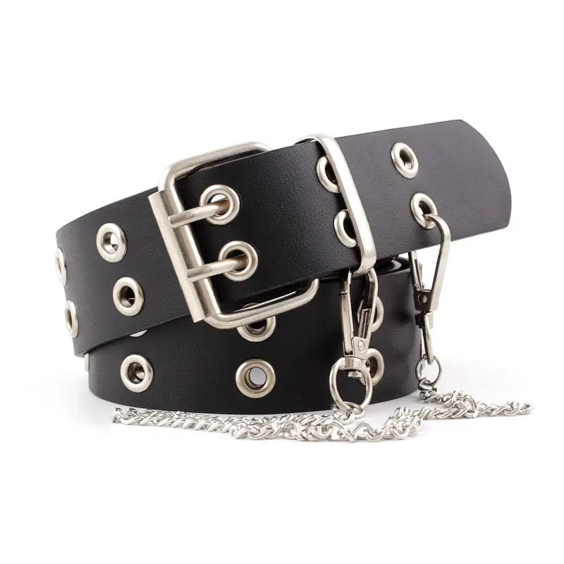 Double Pin Belt Buckle Women Designer Leather Belt With Chain PU Grommet Waist For Punk