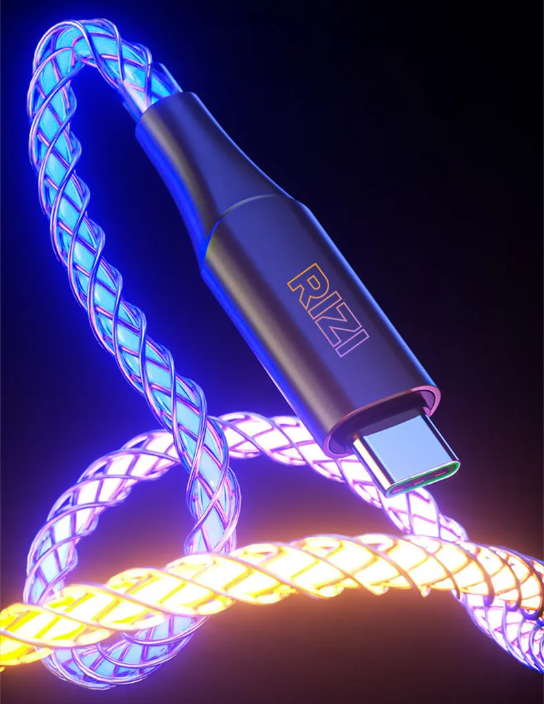 Aluminium alloy Luminous  6A Flowing  Light Up Lightning Charger Cable Led Light Charging USB C  3IN 1 USB Data Cable