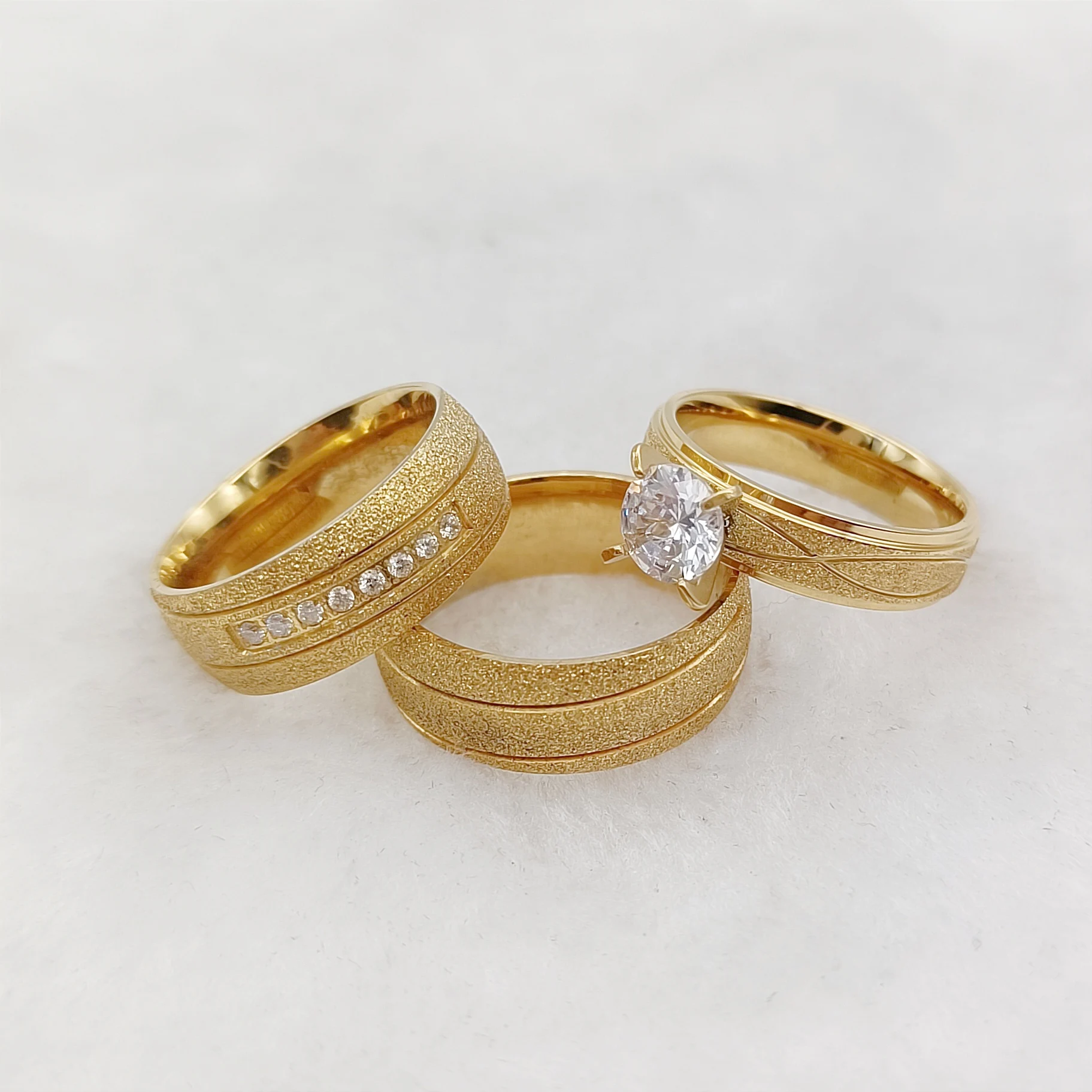 Glorious Frosted 3pcs Bridal Sets Wedding Engagement Rings For Men and Women Frosted 24k gold plated Jewelry