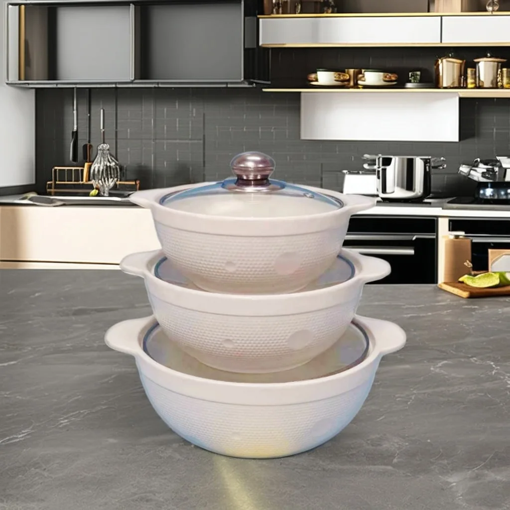 Modern 3pcs Ceramic Soup Pot Set Gold Edge Glass Lid Sustainable Small Pot Soup Cookware Wholesale Luxury Ceramic Soup Stock