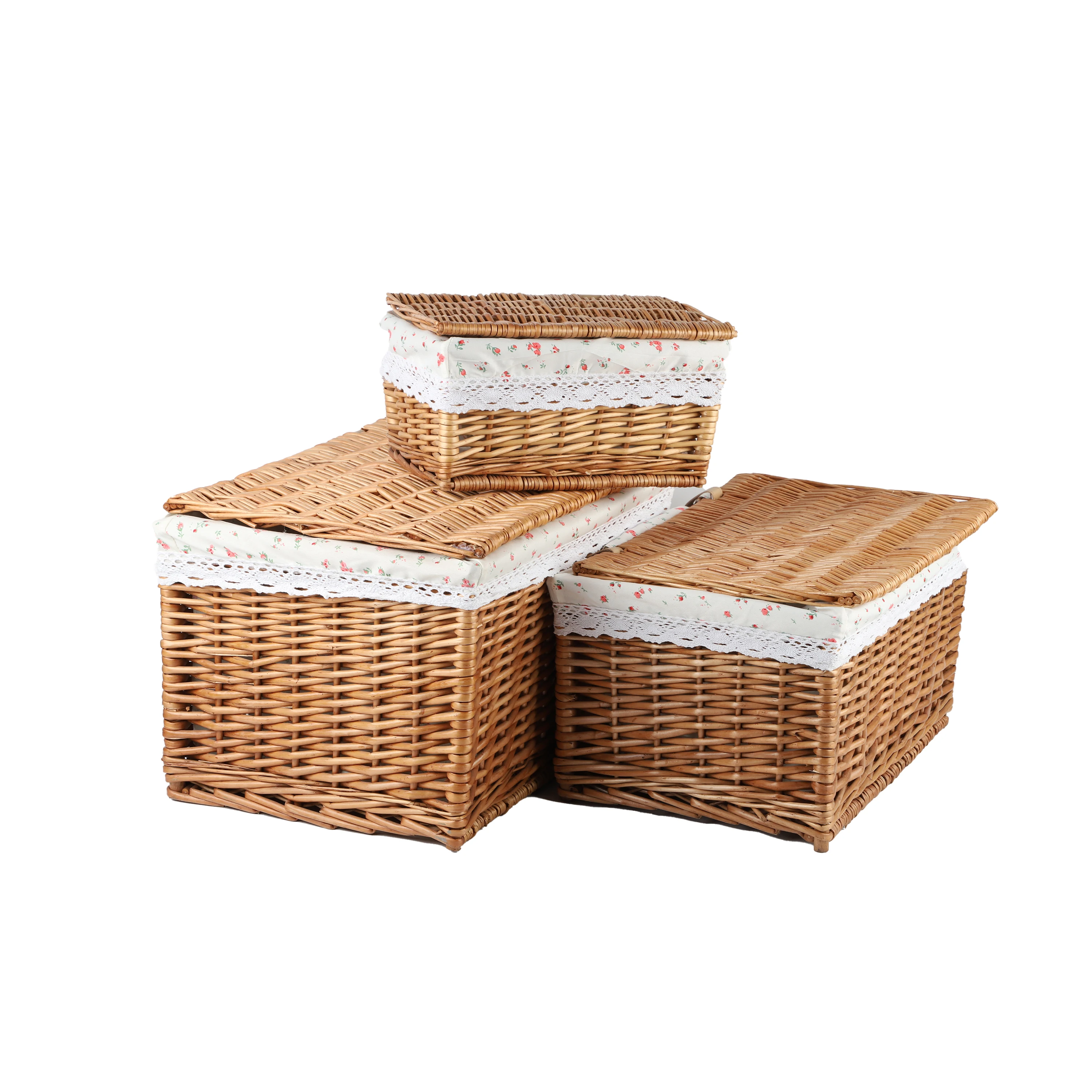 Factory Sale Handwoven Wicker Rectangular Household Rattan Storage Basket with Lid
