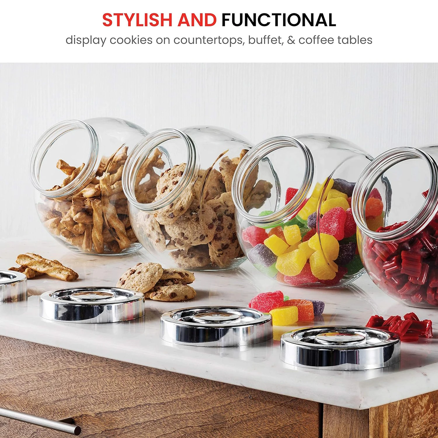 Glass Candy Cookie Jar With Plastic Airtight Seal Lid 2-Way Display Bulk-Food Storage Jar for Snacks