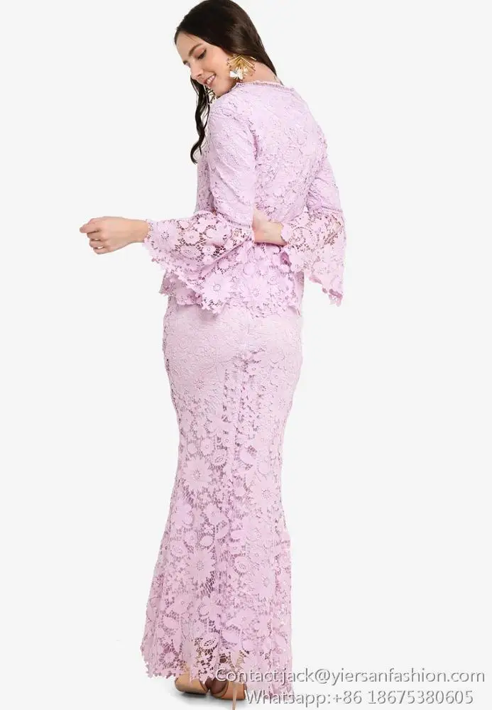 O Neck Flare Long Sleeves Lace Hollow Out Kebaya Modern Baju Kurung For Women