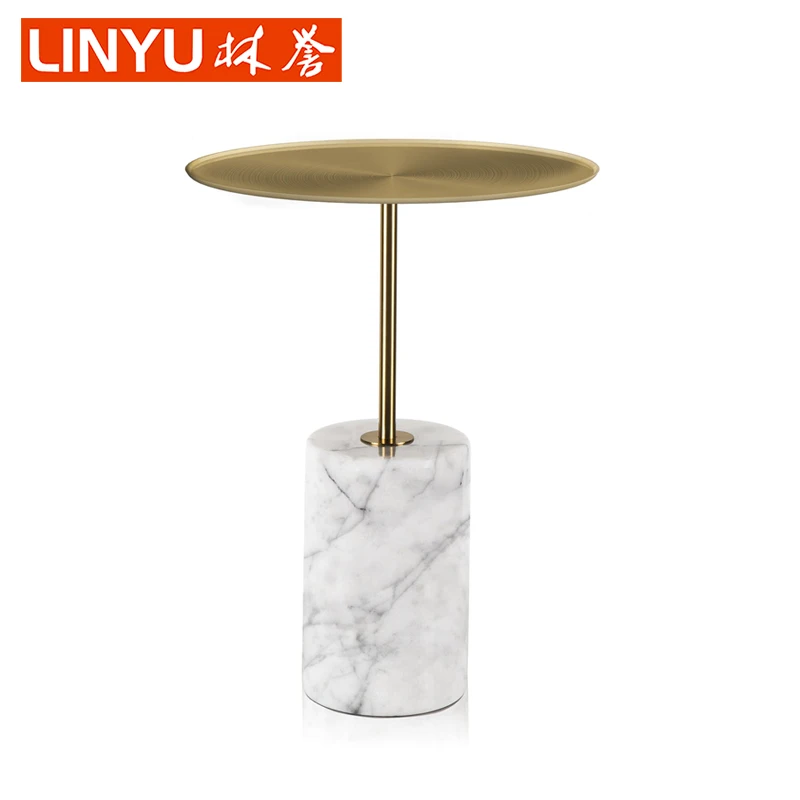 Entry lux titanium gold brass plated stainless steel french metal round circle top tray white caraca marble block side table