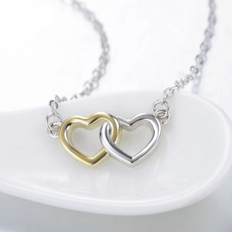 Sweet and lovely s925 sterling silver double heart necklace temperament color separation plating chain pendant female