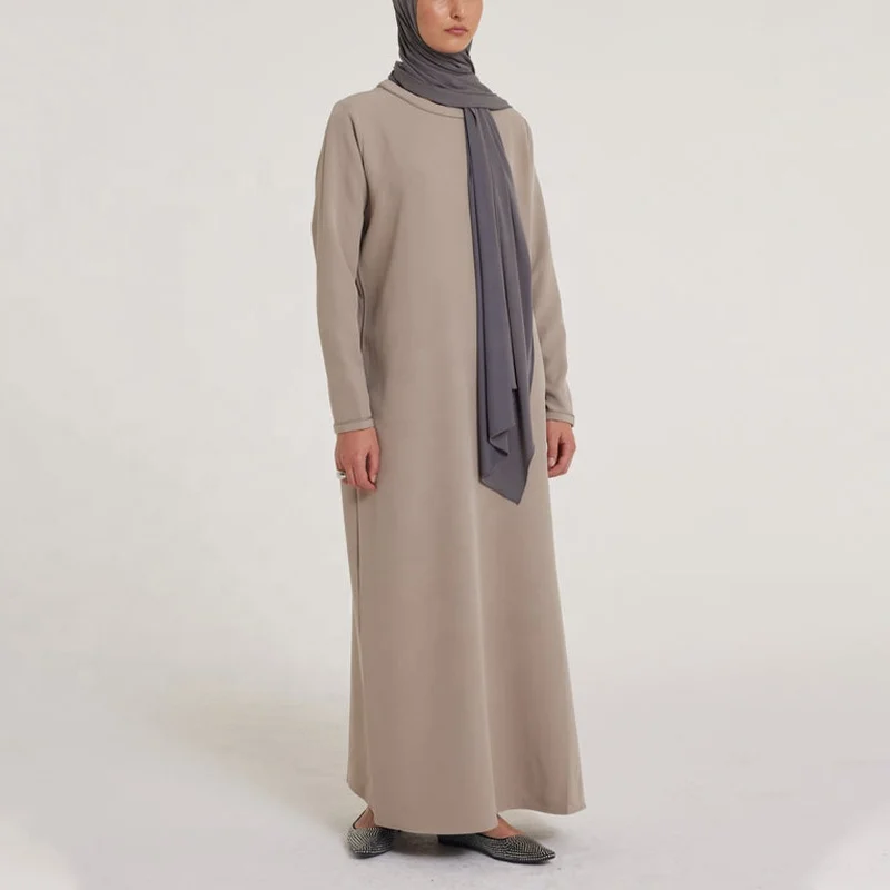 2024 Essential Khaki Simple Style Muslim Dress Good Smooth Fabric Modest Dress Popular Abaya Oben Dubai Womens Muslim Clothing
