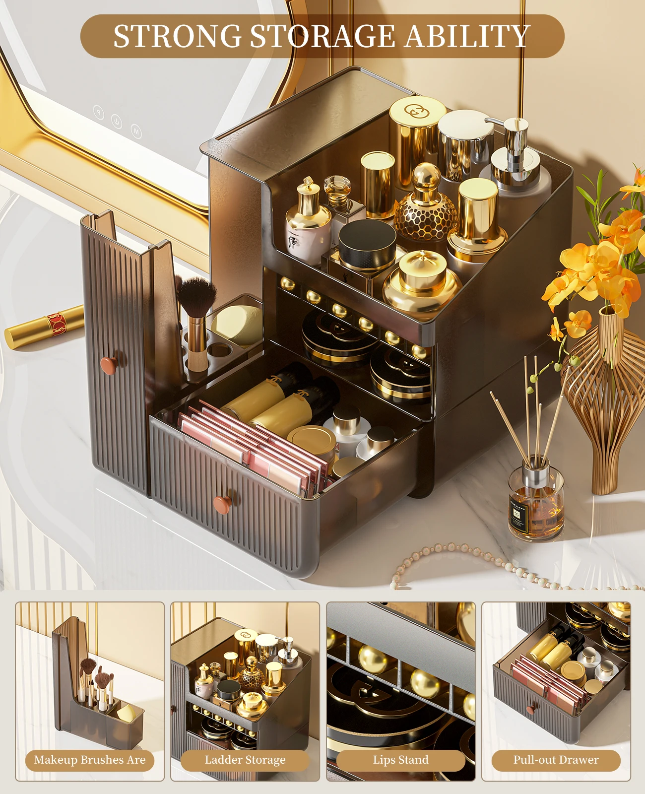 Makeup Organizer Storage Cosmetic Display Case With 2 Clear Drawers Skincare Organizer for Vanity Lipsticks