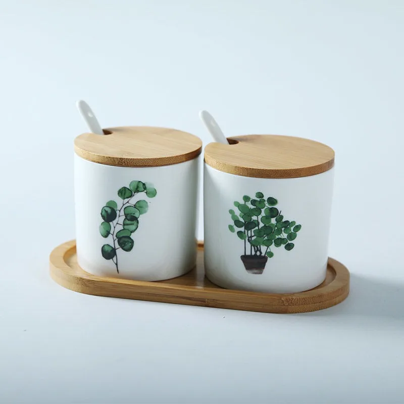 Custom Printing Airtight Ceramic Canister Food Storage Jar Kitchen Canisters with Bamboo Lids