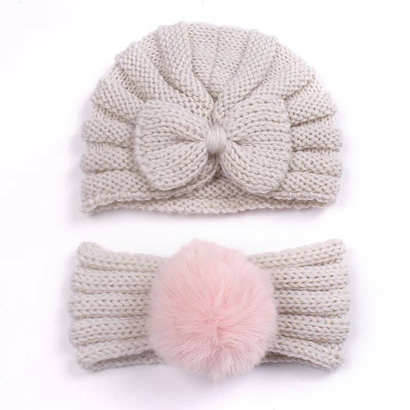 2PCS Winter Baby Hat Headband Set Pompom Infant Head Band Bow Baby Turban Hats Kids Beanie Toddler Cap for Girls Boy Accessories