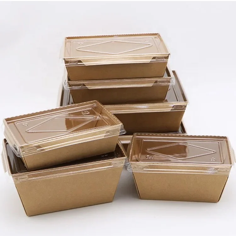 Rectangular Disposable Kraft Paper Tray with Transparent Lid Take Out Catering Brown Container with Clear Cover To Go Container