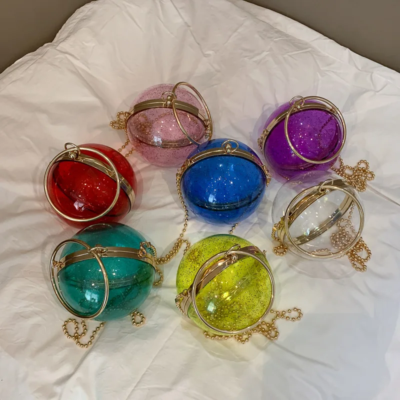 Acrylic Round Clear Chains Purses Ladies Metal Handle Sequined Shoulder Crossbody Bolsa 2021 Transparent Women Hand Bags Clutch