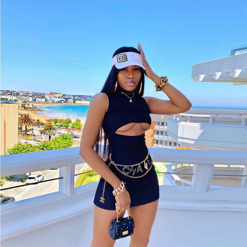 2022 Summer Clothes For Woman New Arrivals Wrap Buttock High Collar Sleeveless Hollow Out Sexy Women Dress